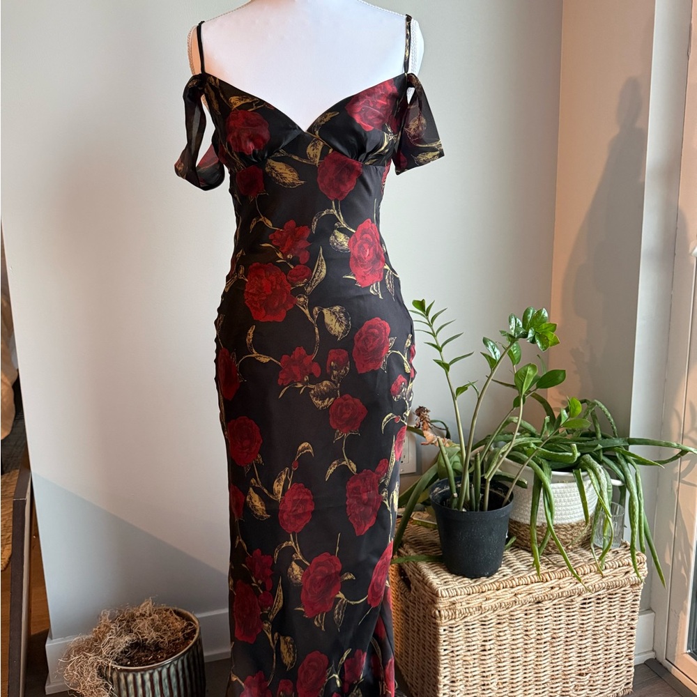 Off-Shoulder Black Maxi Dress with Red Rose Print